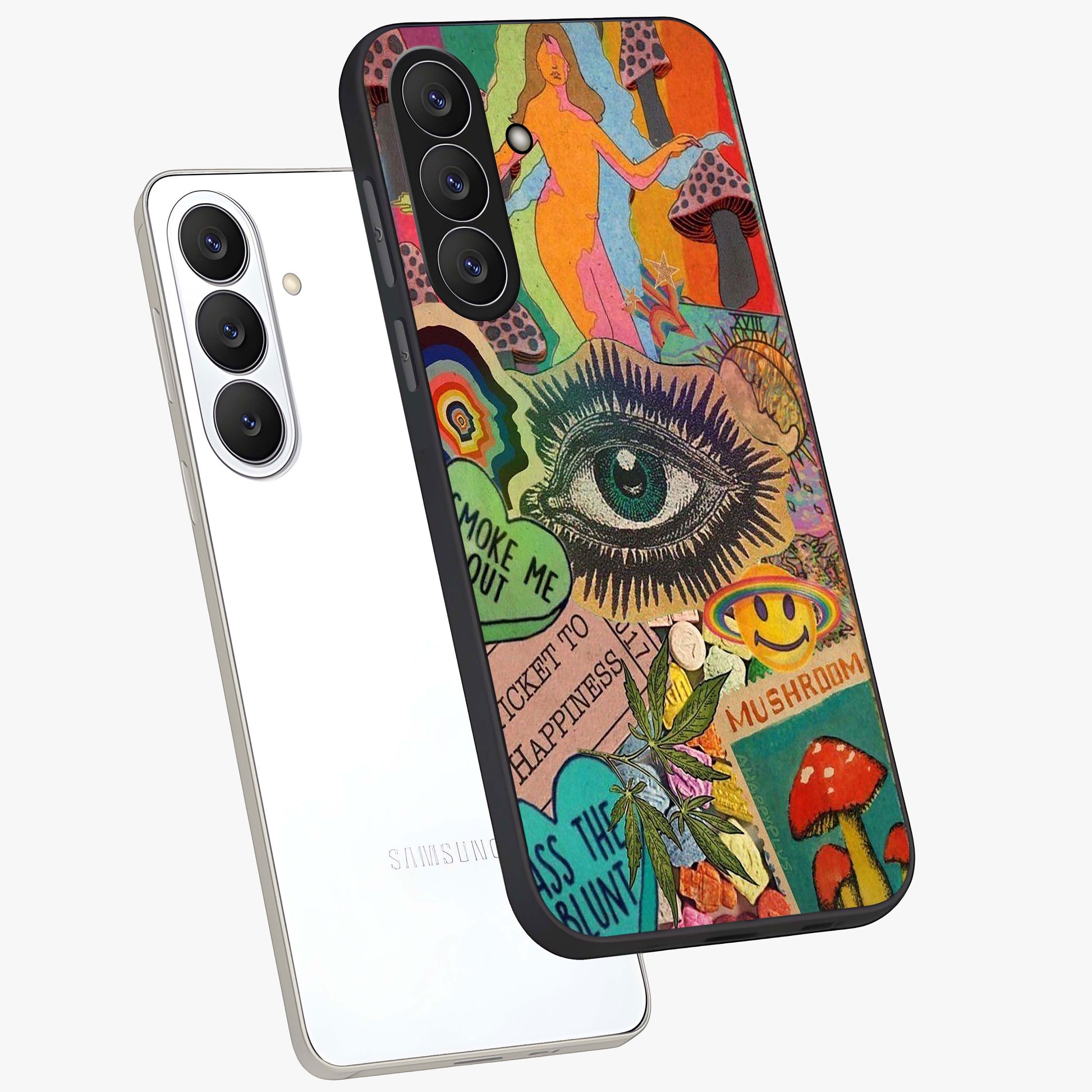 Mystic Eye Wonderland Glass Case displayed in angled mockup highlighting magical eye illustration with dreamy aesthetic.