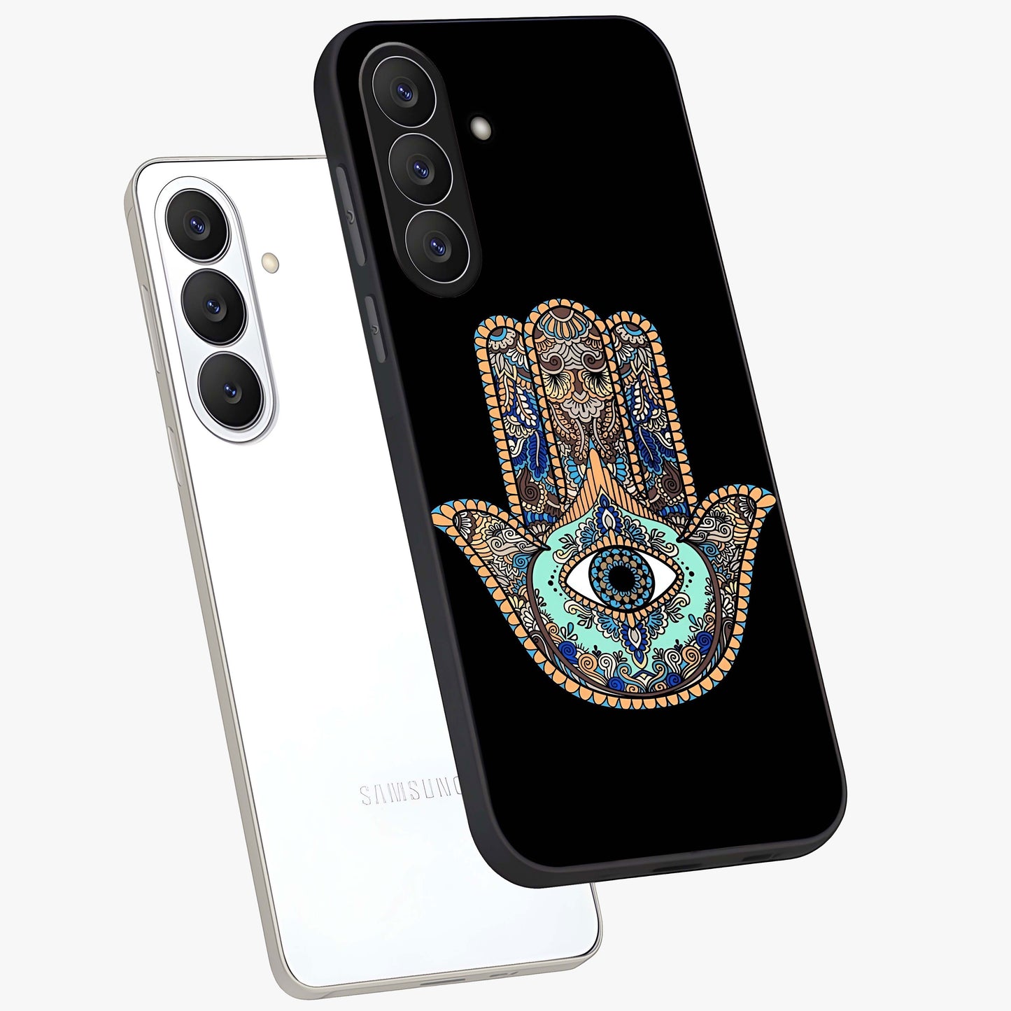 Mystic Hamsa Eye Glass Case displayed in angled mockup highlighting spiritual hamsa symbol with mystical aesthetic style.