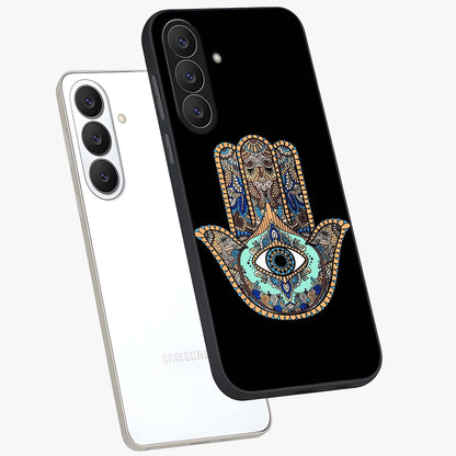 Mystic Hamsa Eye Glass Case displayed in angled mockup highlighting spiritual hamsa symbol with mystical aesthetic style.