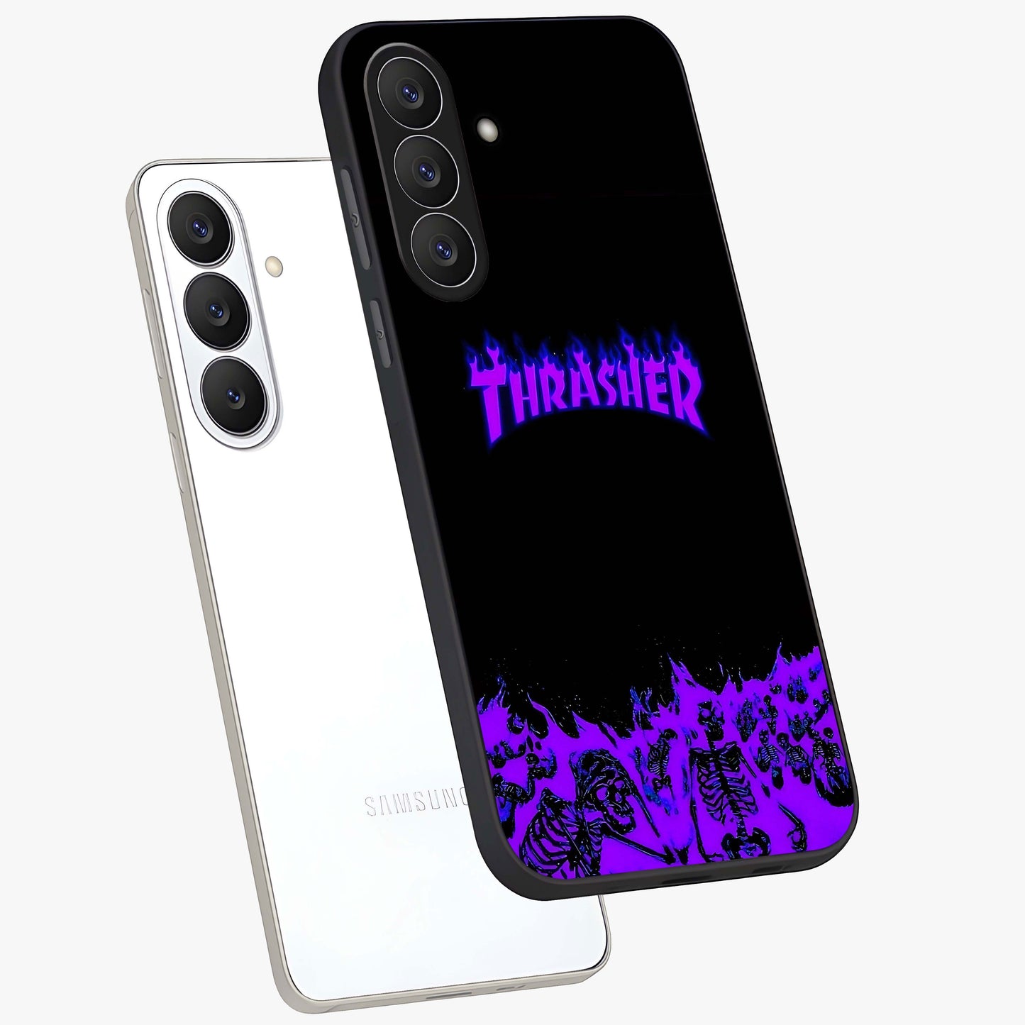 Neon Flame Riot Glass Case displayed in angled mockup highlighting glowing flame design with vibrant neon aesthetic.