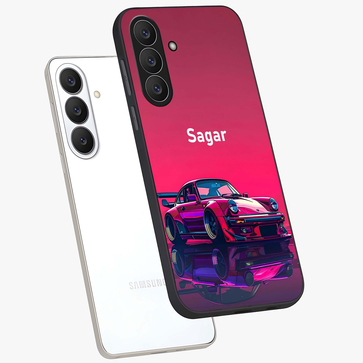 Neon Pink Porsche Glass Case displayed in angled mockup highlighting sleek neon pink car design with racing aesthetic.