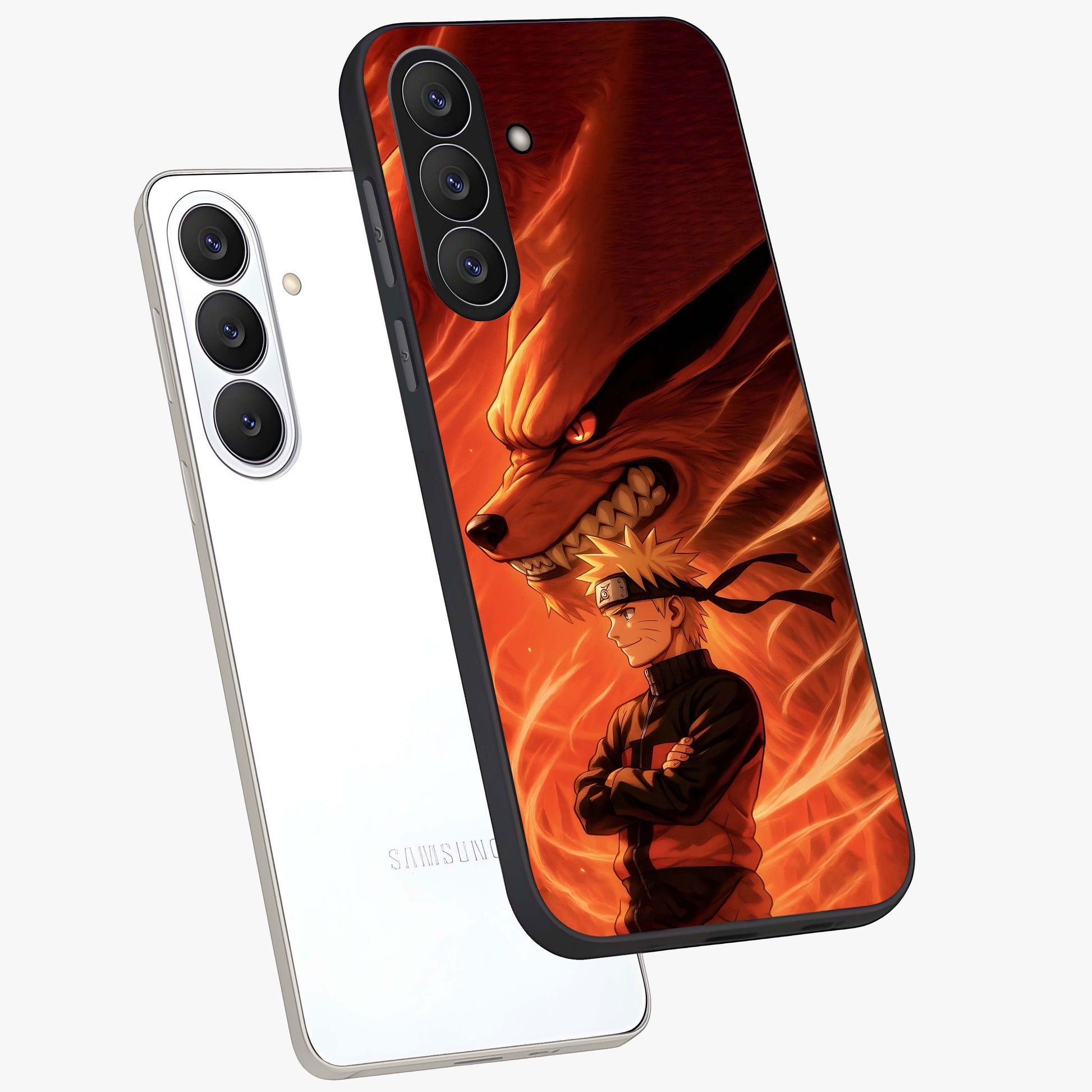 Nine Tails Legacy Glass Case displayed in angled mockup highlighting dynamic anime beast illustration with bold mystical aesthetic.