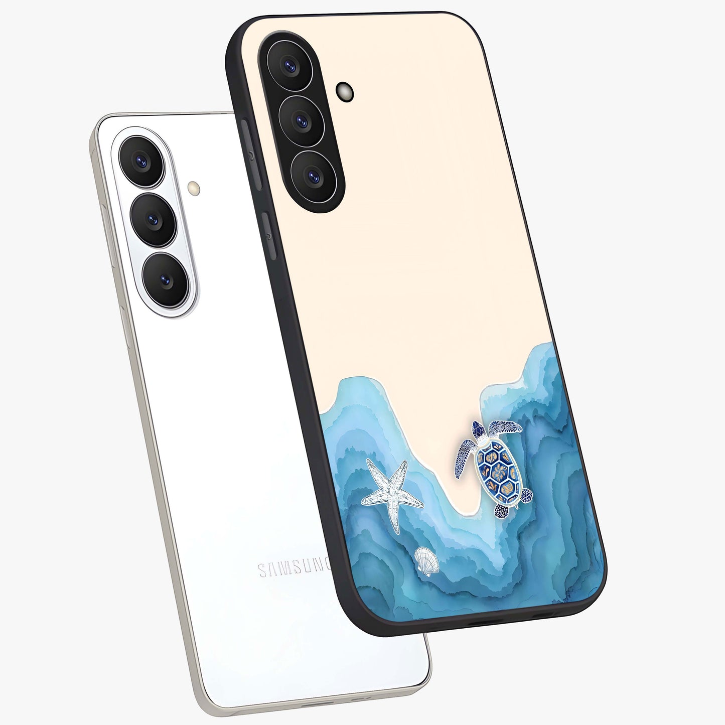 Ocean Drift Turtle Glass Case displayed in angled mockup highlighting peaceful ocean turtle illustration with marine aesthetic.