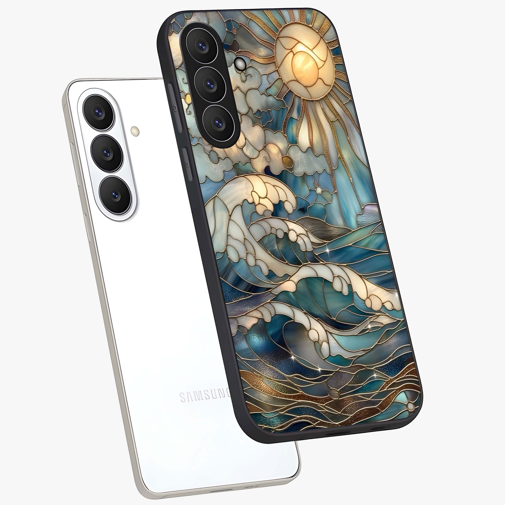 Oceanic Stained Printed Glass Case displayed in angled mockup highlighting colorful aquatic design with artistic aesthetic style.