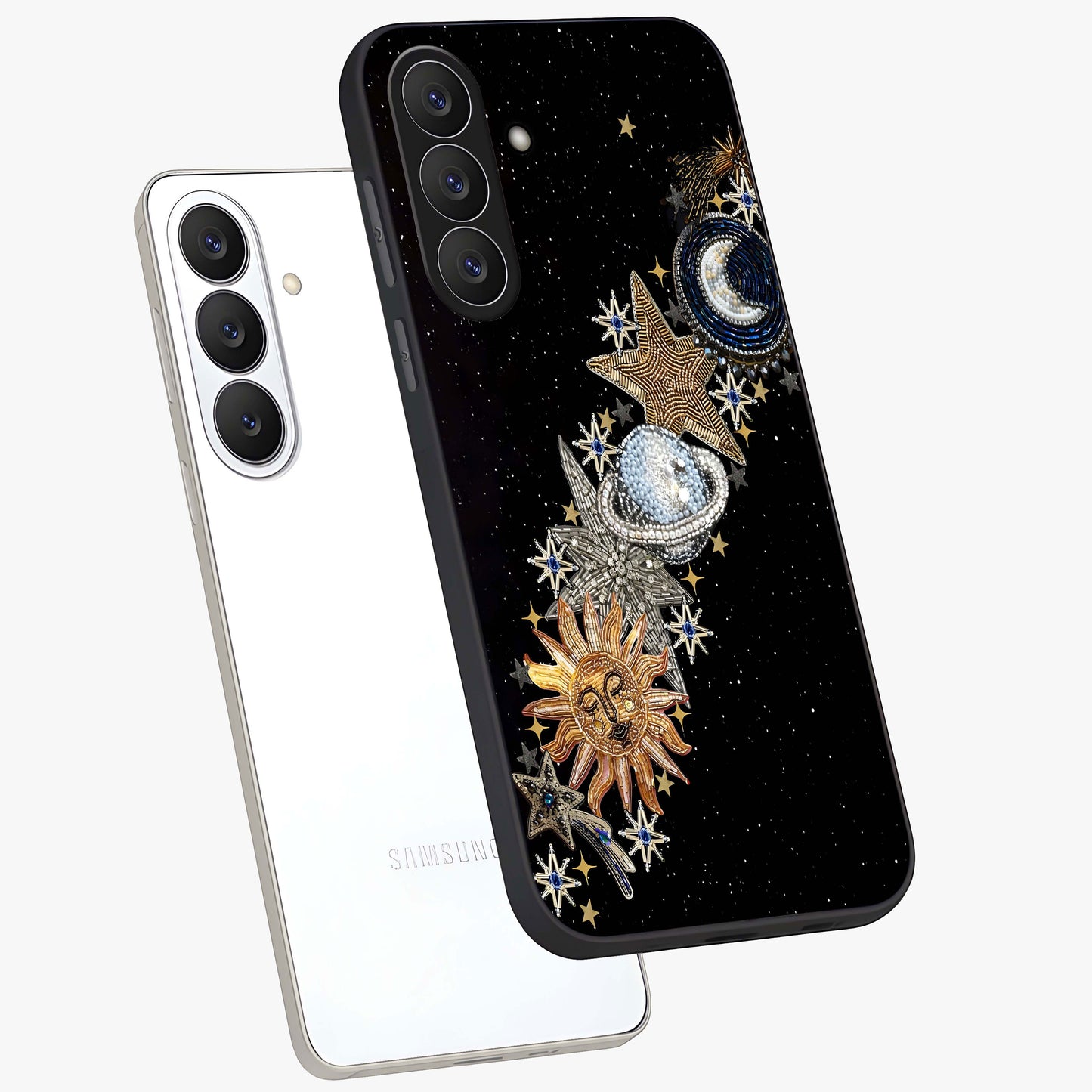 Pearls Universe Object Glass Case displayed in angled mockup highlighting celestial pearl design with dreamy aesthetic.