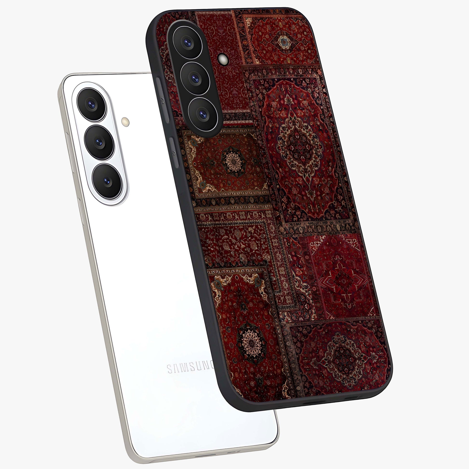 Persian Velvet Tale Glass Case displayed in angled mockup highlighting ornate textile inspired design with royal aesthetic.