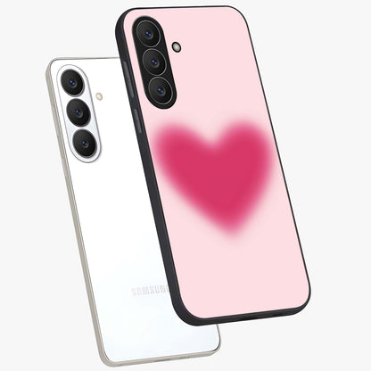 Pink Aura Heart Glass Case displayed in angled mockup highlighting vibrant pink heart design with dreamy aura aesthetic.