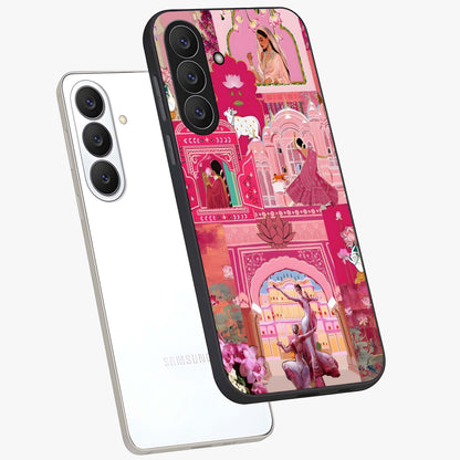 Pink Palace Muse Glass Case displayed in angled mockup highlighting dreamy palace illustration with soft pink aesthetic.