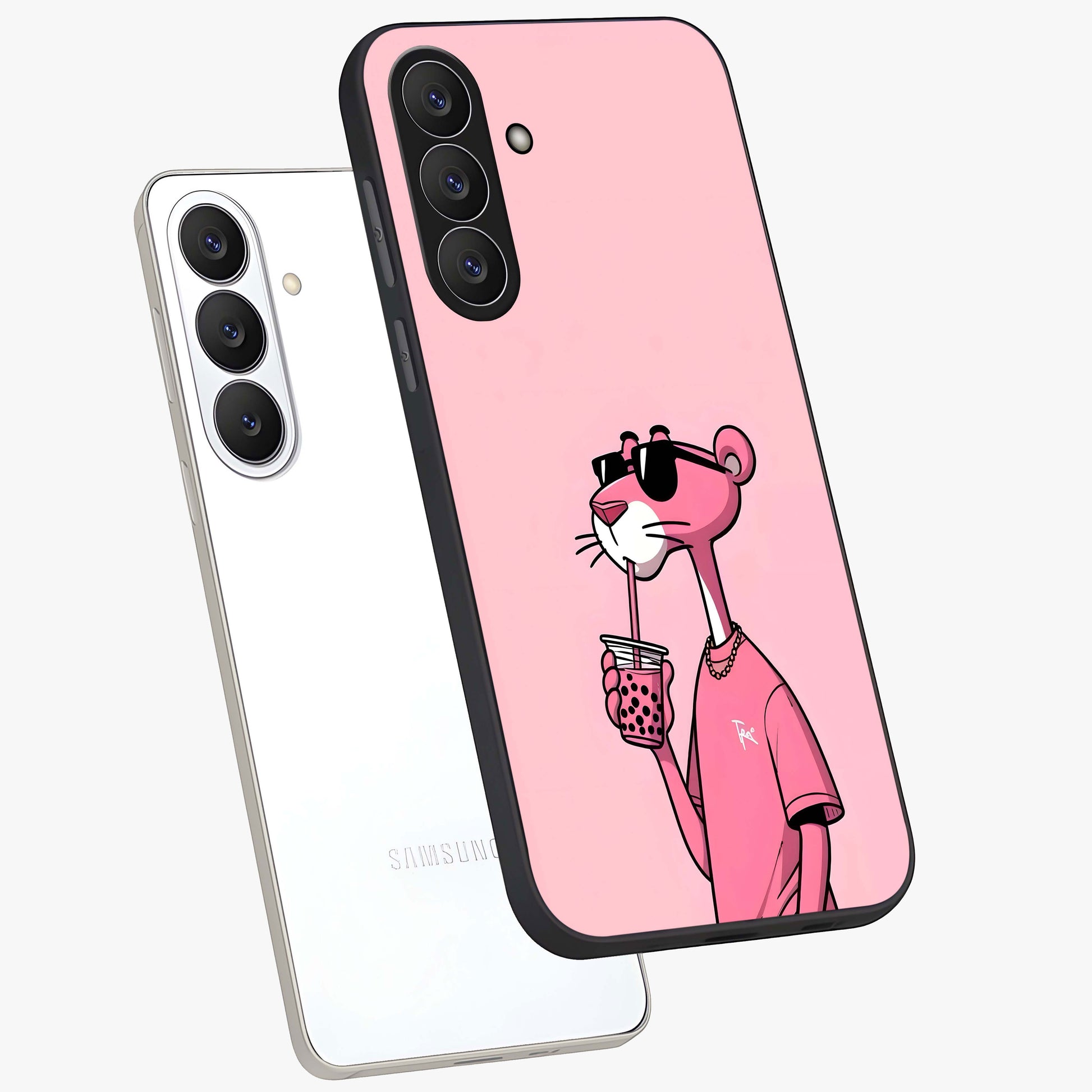 Pink Panther Glass Case displayed in angled mockup highlighting playful cartoon character design with vibrant pink aesthetic.