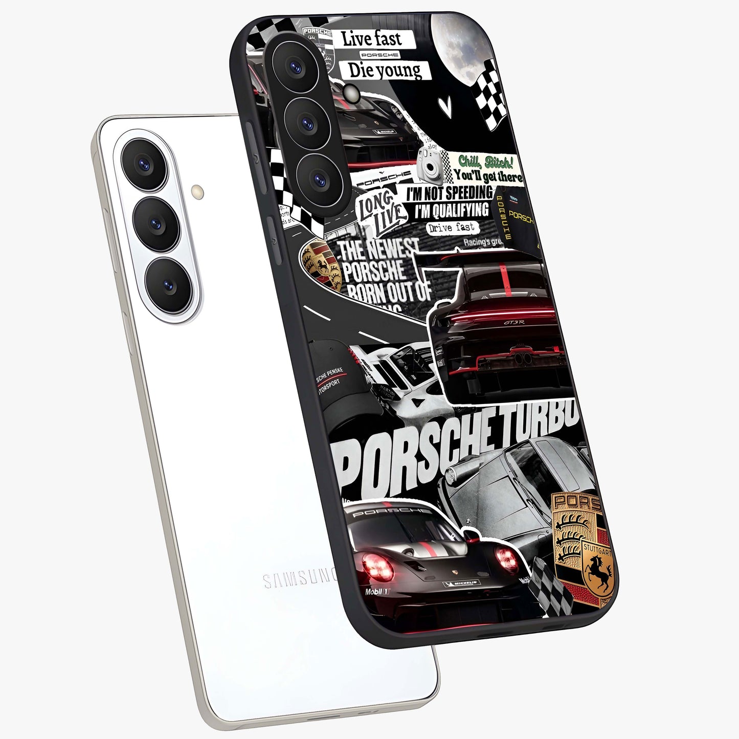 Porsche Racing Collage Glass Case displayed in angled mockup highlighting dynamic automotive design with bold racing aesthetic.