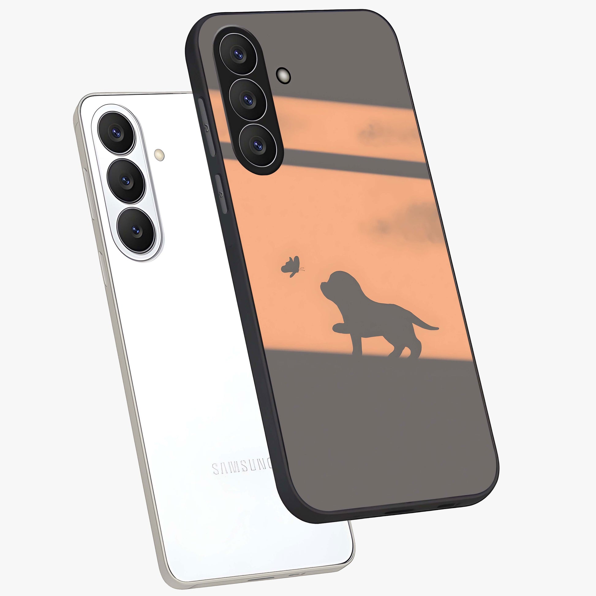 Puppy Shadow Art Glass Case displayed in angled mockup highlighting playful dog illustration with artistic shadow aesthetic.