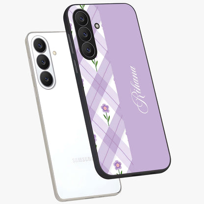 Purple Diamond Floral Glass Case displayed in angled mockup highlighting elegant purple flower design with decorative pattern.