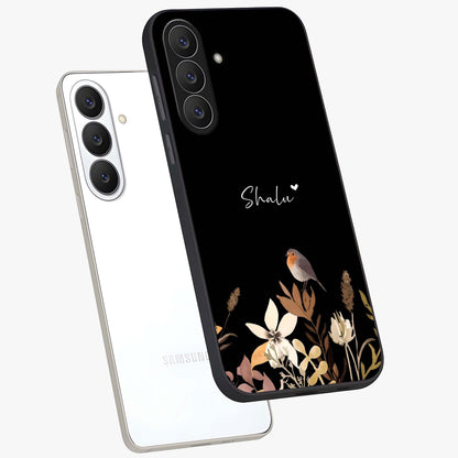 Quiet Garden Tune Custom Name Glass Case displayed in angled mockup highlighting delicate floral garden design with custom name feature.