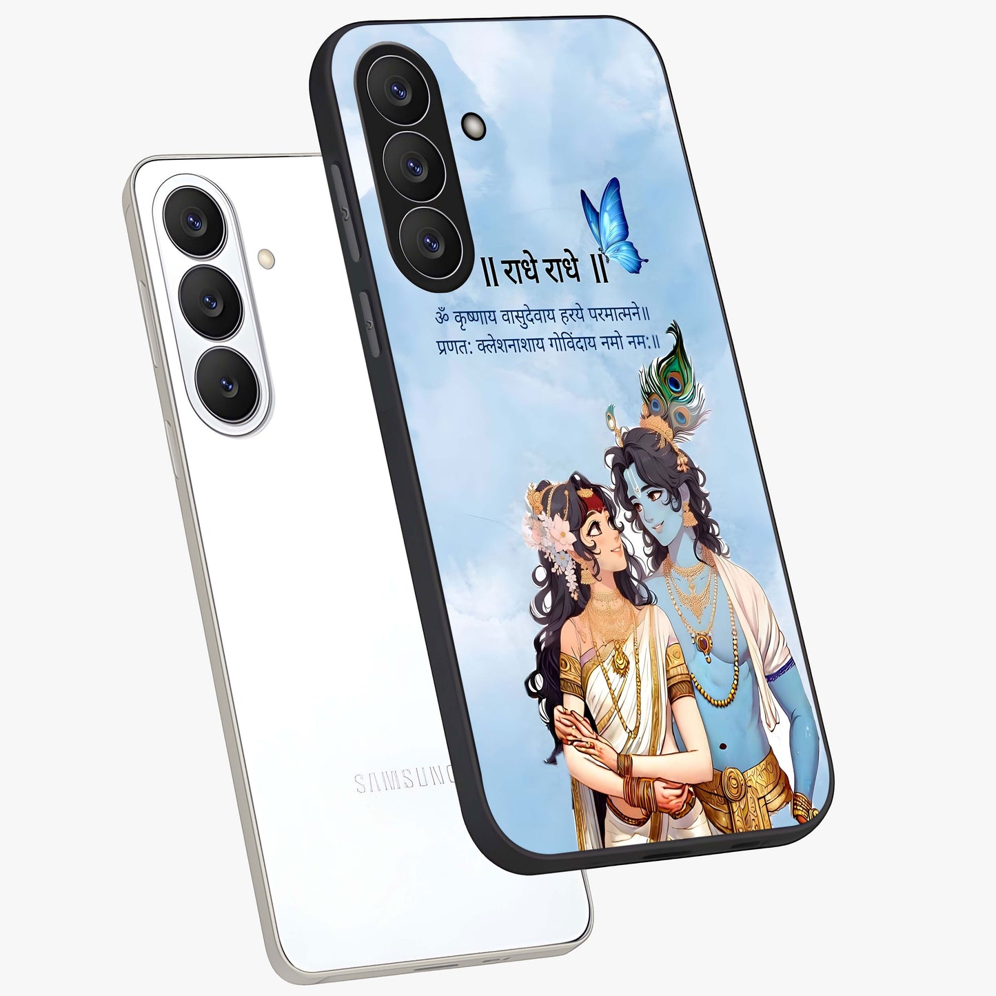 Radha Krishna Eternal Glass Case displayed in angled mockup highlighting divine Radha Krishna illustration with spiritual aesthetic.