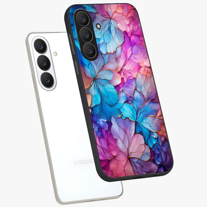 Radiant Floral Whirl Glass Case displayed in angled mockup highlighting vibrant flower pattern with dynamic artistic aesthetic.
