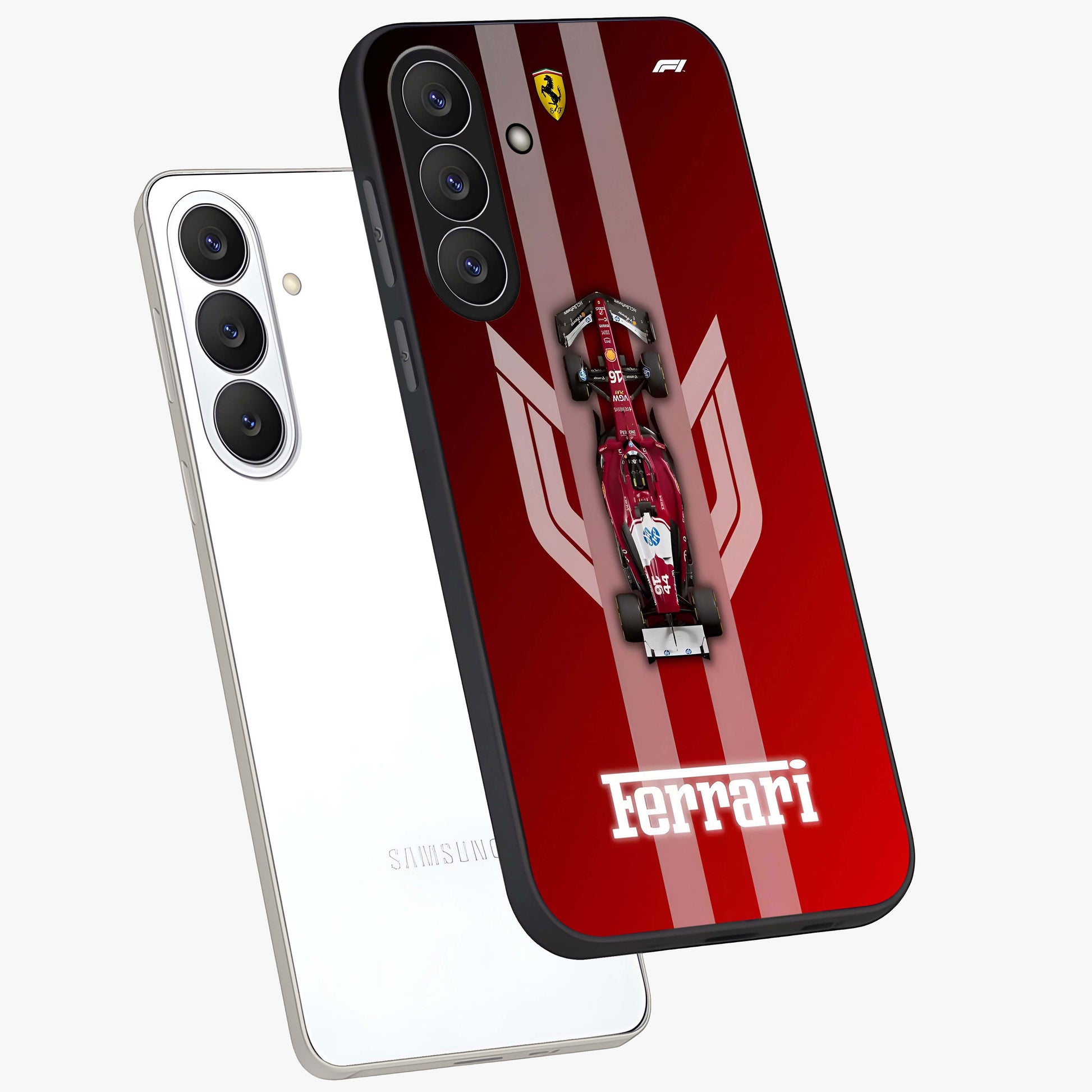 Red Ferrari F1 Vertical Glass Case displayed in angled mockup highlighting high speed racing design with bold automotive aesthetic.