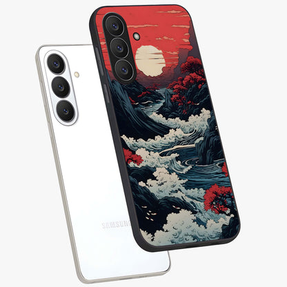 Red Sunset Scenery Glass Case displayed in angled mockup highlighting glowing sunset sky design with scenic aesthetic.