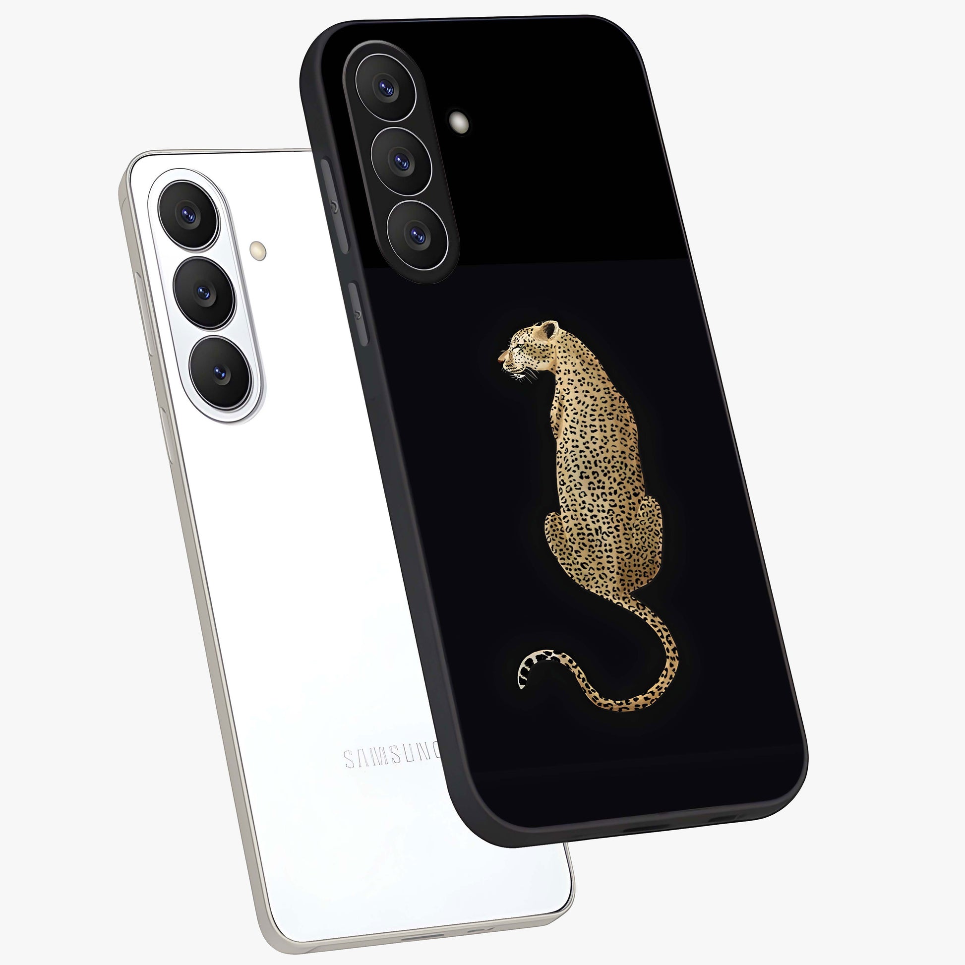 Regal Leopard Glass Case displayed in angled mockup highlighting powerful animal illustration with stylish wild aesthetic.