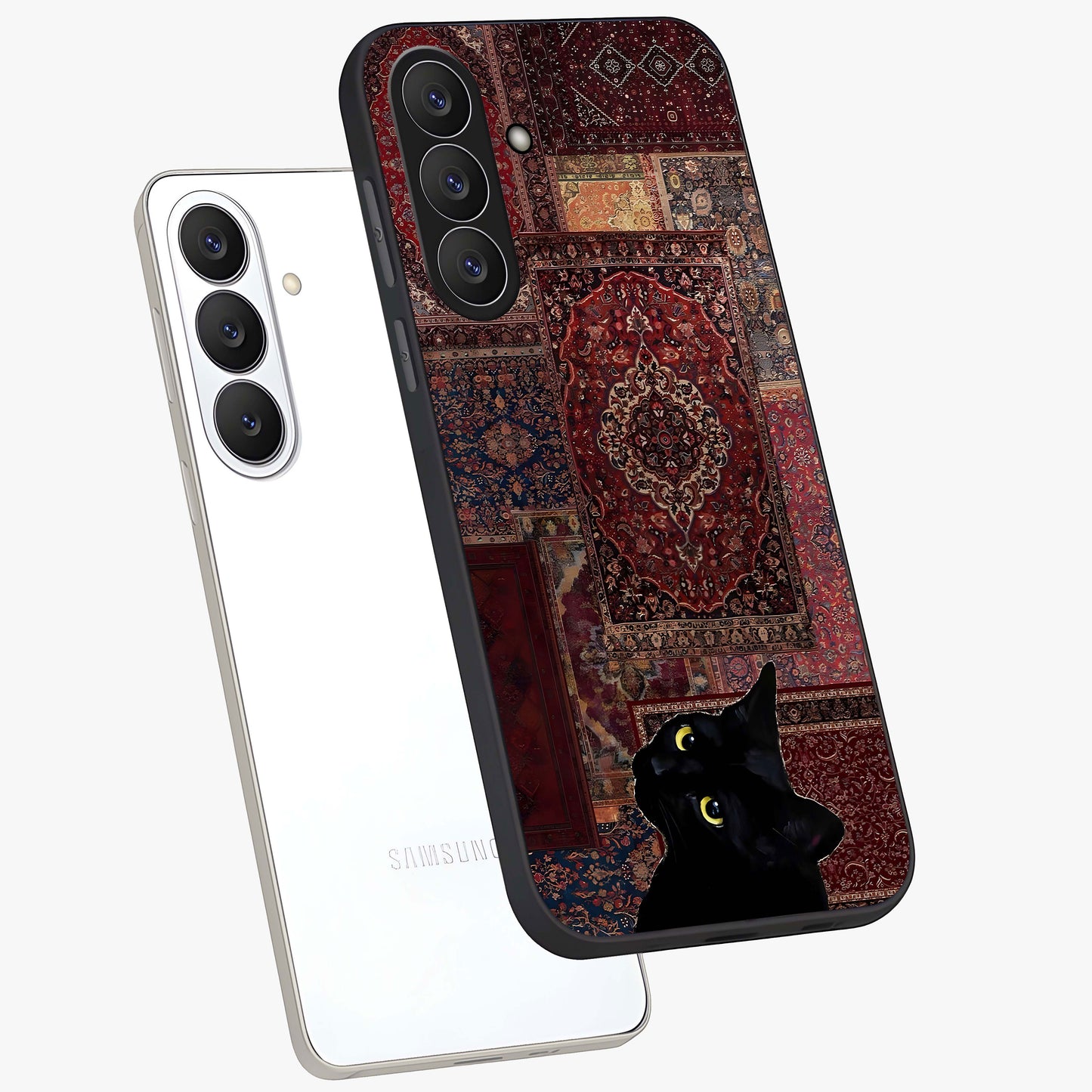 Regal Magic Cat Apple Glass Case displayed in angled mockup highlighting whimsical feline design with fantasy aesthetic.