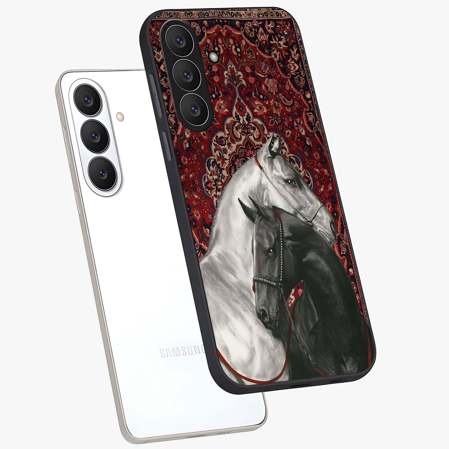 Regal Stallion Tapestry Glass Case displayed in angled mockup highlighting royal stallion design with decorative heritage aesthetic.