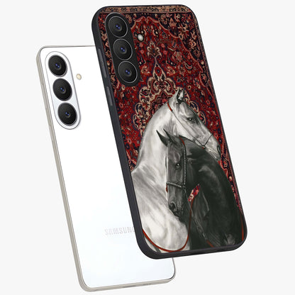 Regal Stallion Tapestry Glass Case displayed in angled mockup highlighting royal stallion design with decorative heritage aesthetic.