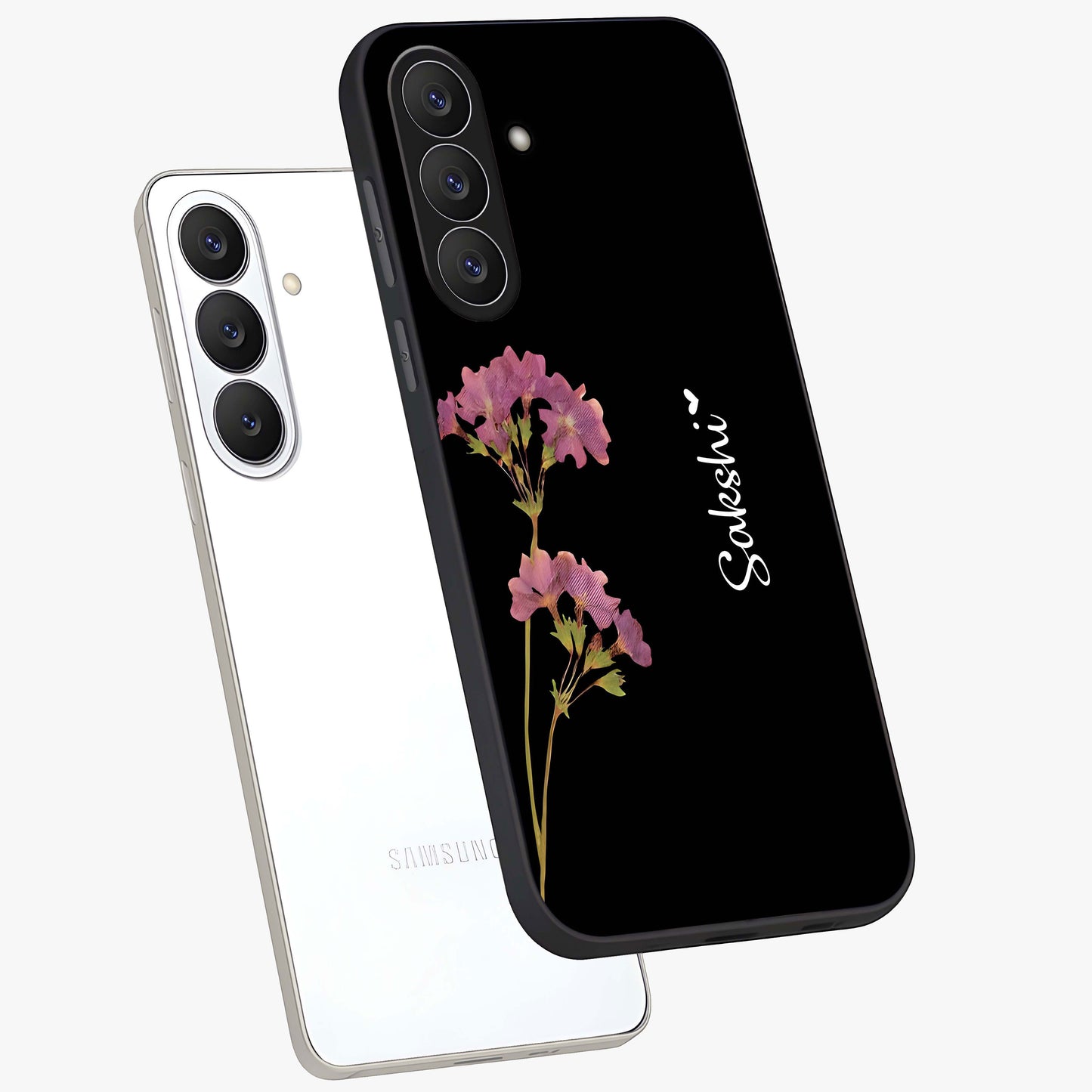 Riching Lavender Flower Custom Name Glass Case displayed in angled mockup highlighting delicate lavender flower design with custom name feature.