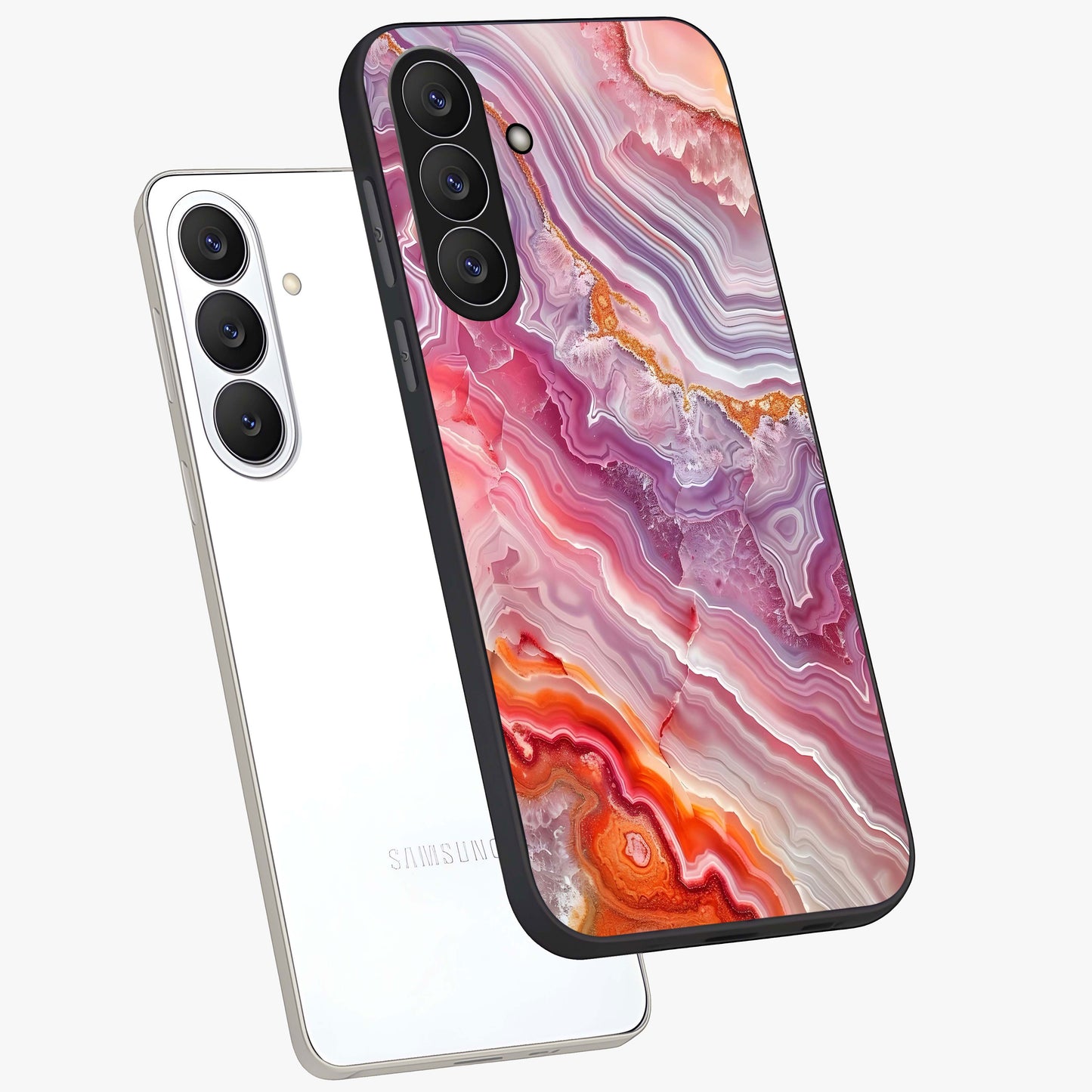 Rose Quartz Marble Glass Case displayed in angled mockup highlighting elegant marble pattern with soft aesthetic style.