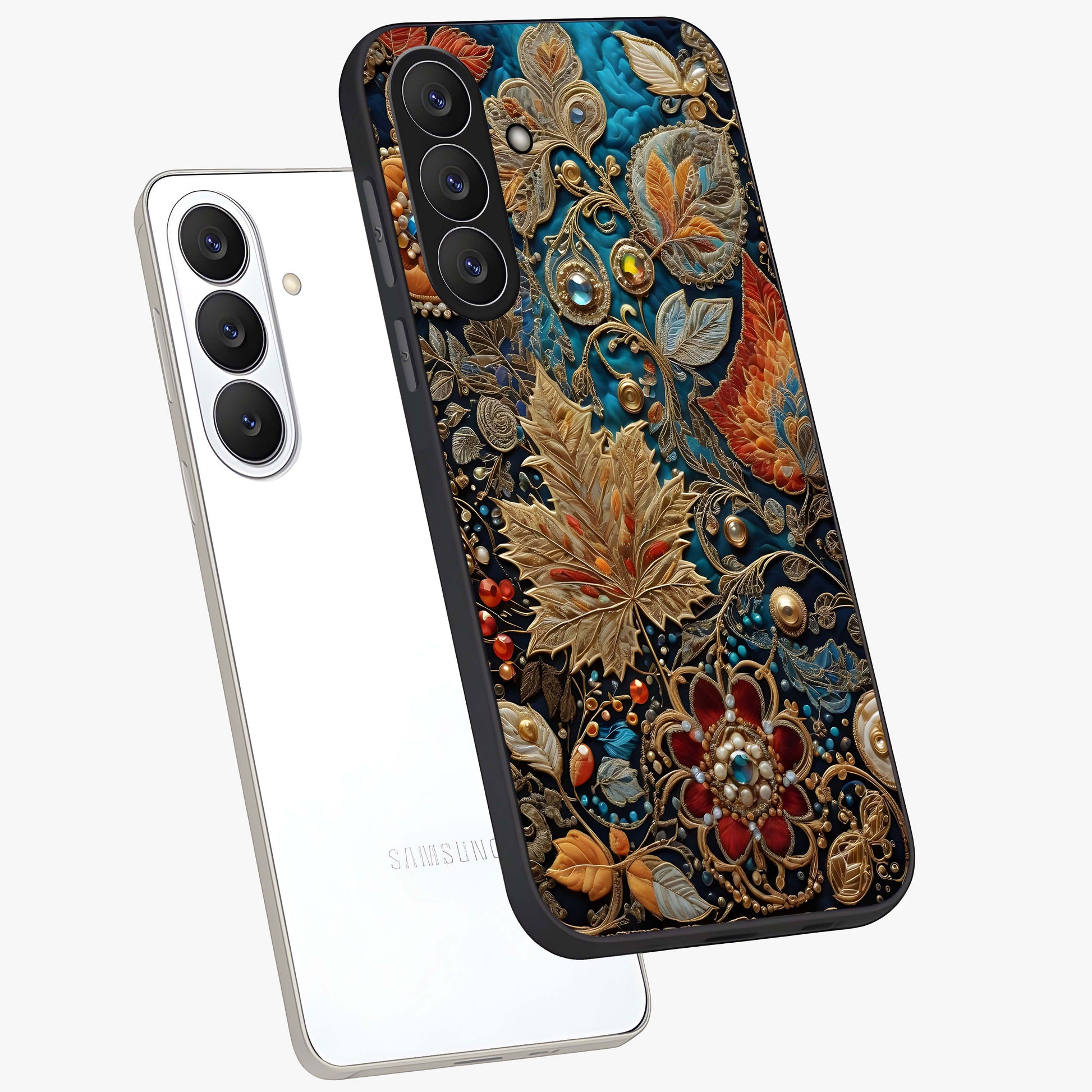 Royal Jewel Garden Glass Case displayed in angled mockup highlighting vibrant jewel inspired floral design with elegant aesthetic.