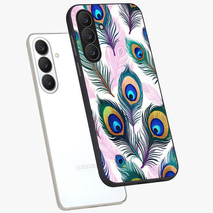 Royal Peacock Feathers Glass Case displayed in angled mockup highlighting vibrant feather pattern with regal aesthetic style.
