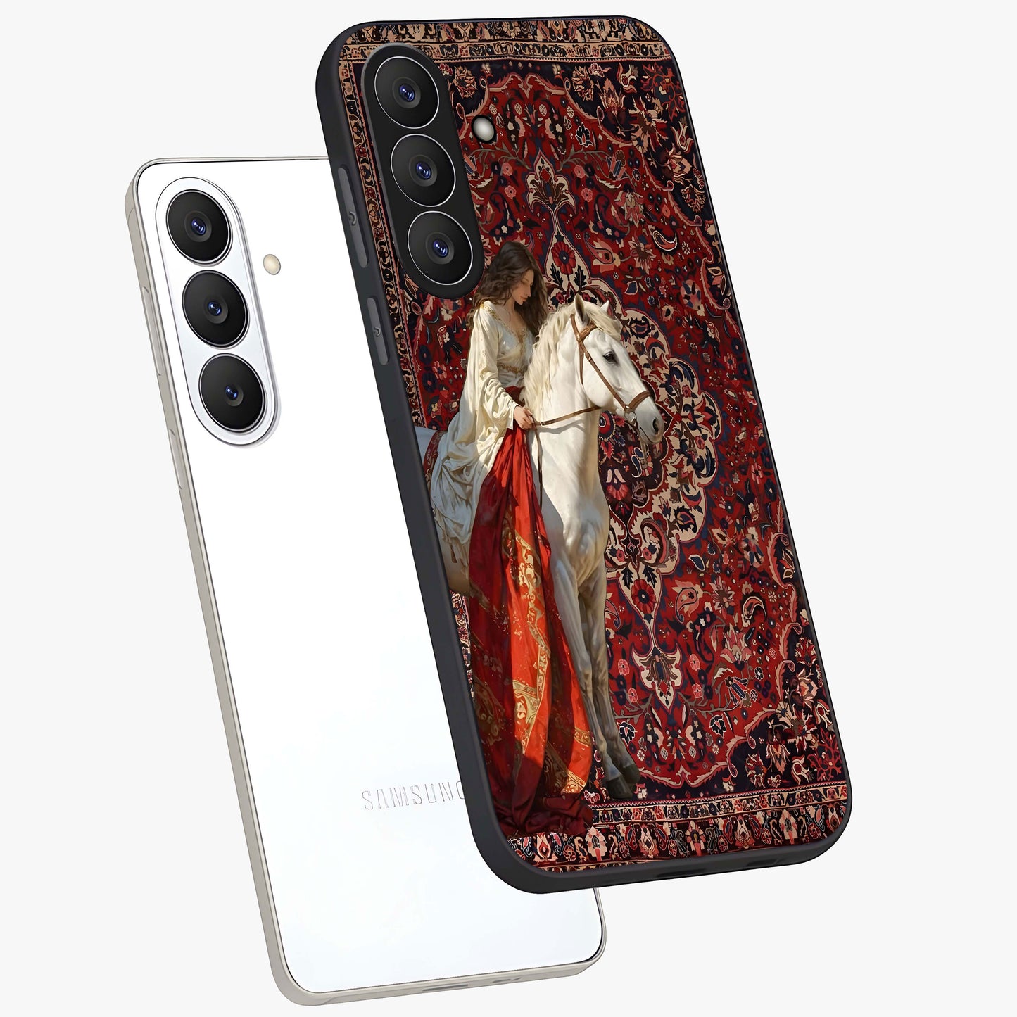 Royal Rider Tapestry Glass Case displayed in angled mockup highlighting traditional tapestry design with royal heritage aesthetic.