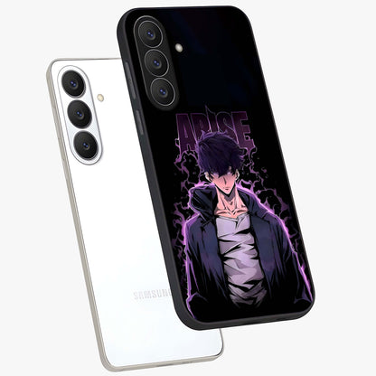 Shadow Monarch Awakening Glass Case displayed in angled mockup highlighting dramatic shadow warrior design with fantasy aesthetic.