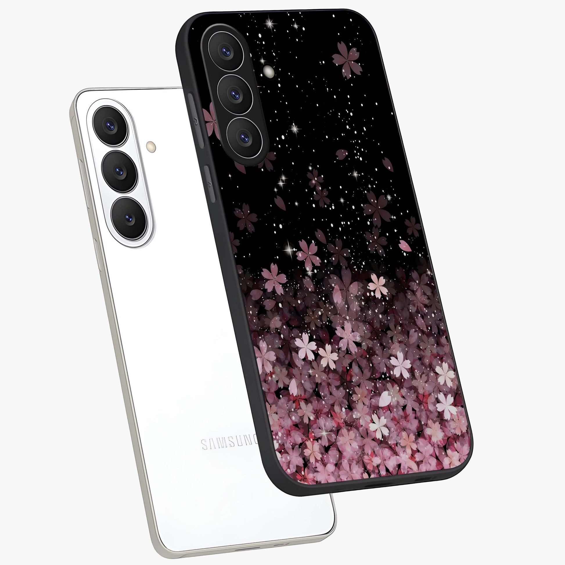 Small Starry Flowers Glass Case displayed in angled mockup highlighting tiny flower pattern with celestial aesthetic style.