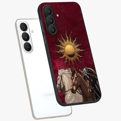 Solar Riders Glass Case displayed in angled mockup highlighting powerful rider illustration with radiant solar aesthetic.
