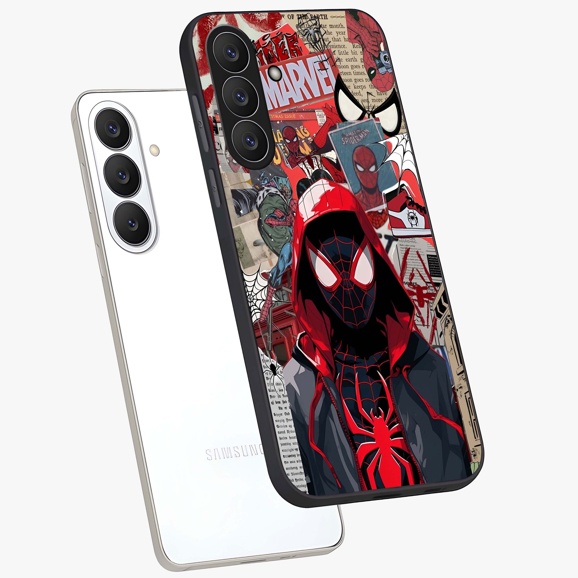 Spider Collage Street Glass Case displayed in angled mockup highlighting dynamic street style collage design with comic aesthetic.