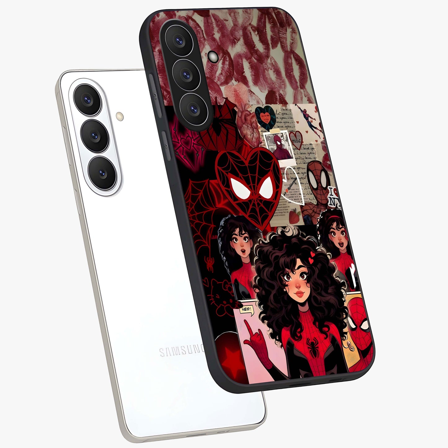 Spider Love Story Glass Case displayed in angled mockup highlighting expressive comic inspired design with playful aesthetic.