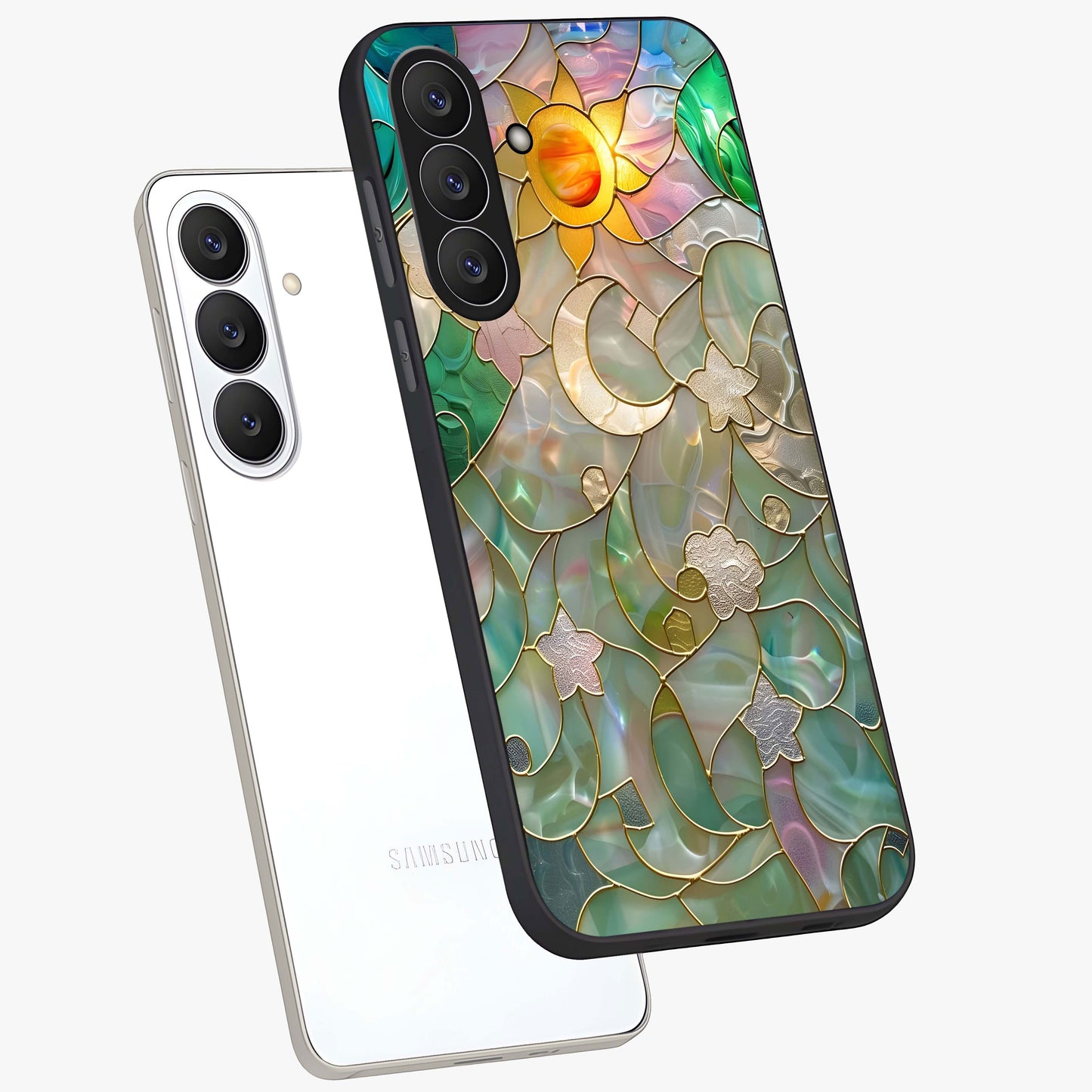 Stained Sunrise Glow Glass Case displayed in angled mockup highlighting radiant sunrise design with artistic aesthetic style.
