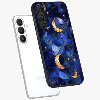 Starlit Sky Tapestry Glass Case displayed in angled mockup highlighting celestial night pattern with artistic aesthetic style.