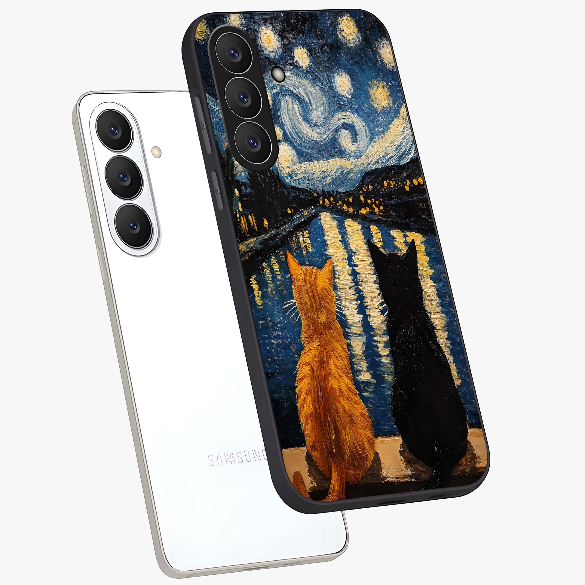 Starry River Cats Glass Case displayed in angled mockup highlighting charming feline illustration with dreamy night aesthetic.