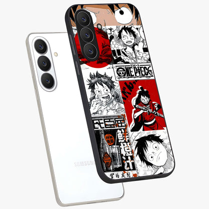 Strawhat Chaos Panels Glass Case displayed in angled mockup highlighting vibrant anime collage design with action aesthetic.