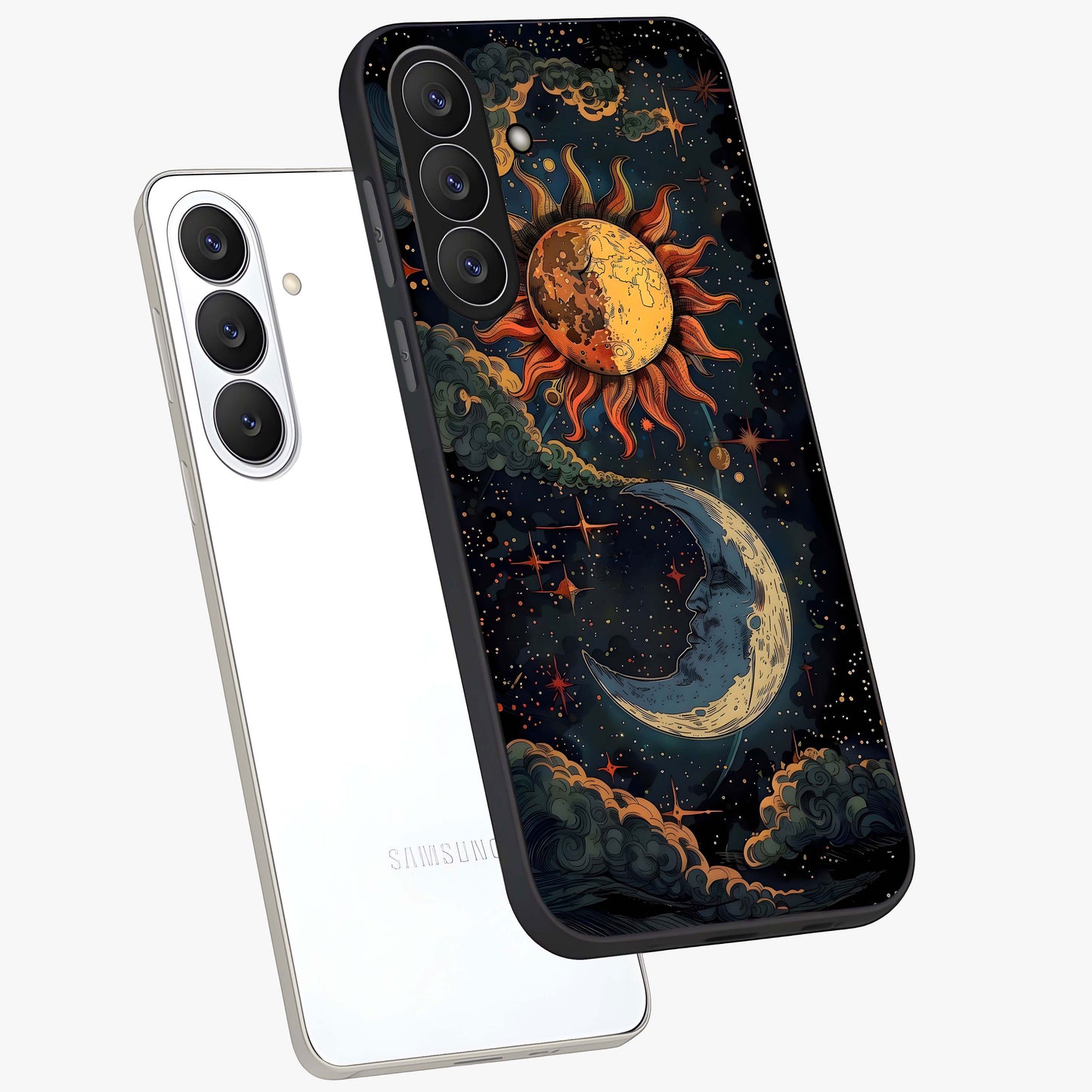 Sun And Moon Magic Design Glass Case displayed in angled mockup highlighting celestial design with magical cosmic aesthetic.