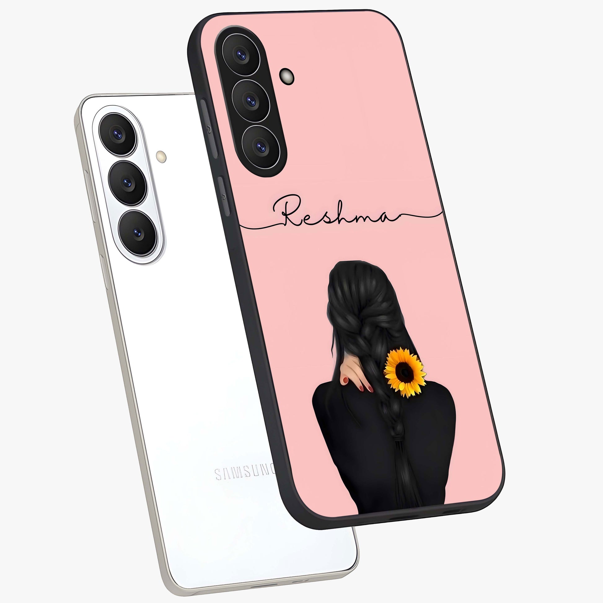 Sunflower Braid Beauty With Custom Name Glass Case displayed in angled mockup highlighting elegant sunflower design with custom name feature.
