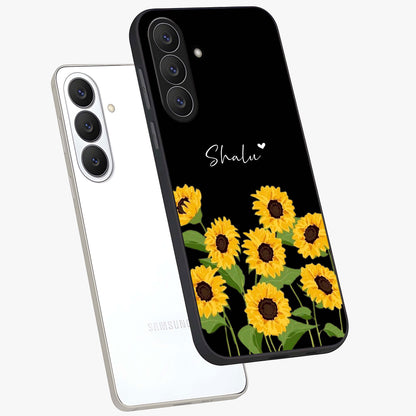 Sunflower Chic Mood Custom Name Glass Case displayed in angled mockup highlighting vibrant sunflower design with custom name feature.