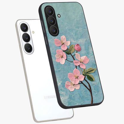 Threaded Blossom Breeze Glass Case displayed in angled mockup highlighting elegant floral design with soft aesthetic style.