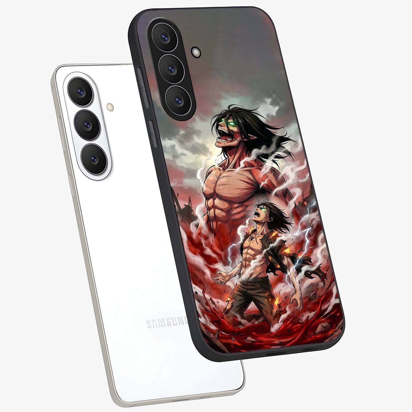 Titan Awakening Fury Glass Case displayed in angled mockup highlighting dramatic giant warrior design with bold anime aesthetic.
