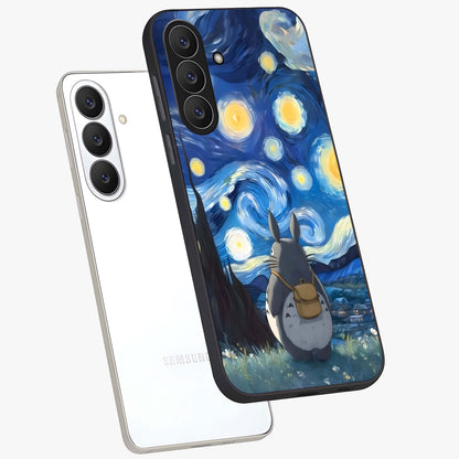 Totoro In Van Gogh Art Glass Case displayed in angled mockup highlighting artistic swirling sky design with playful animation aesthetic.