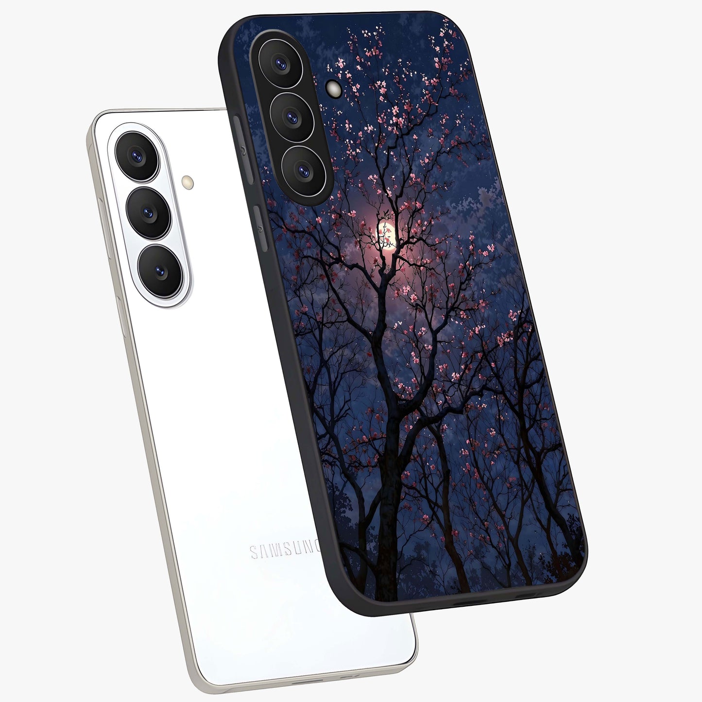 Twilight Sakura Serenade Glass Case displayed in angled mockup highlighting delicate sakura flower design with dreamy aesthetic.