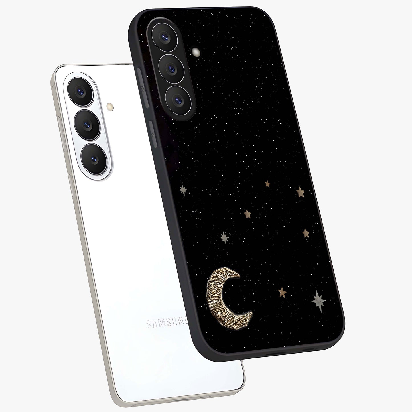 Twinkle Star With Half Moon Glass Case displayed in angled mockup highlighting celestial moon and star design with magical aesthetic.