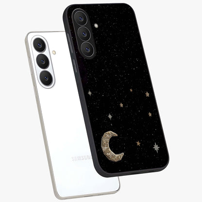 Twinkle Star With Half Moon Glass Case displayed in angled mockup highlighting celestial moon and star design with magical aesthetic.