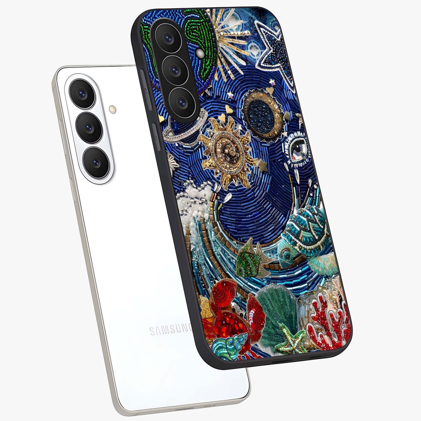 Universe Underwater Spark Glass Case displayed in angled mockup highlighting glowing aquatic design with celestial aesthetic.