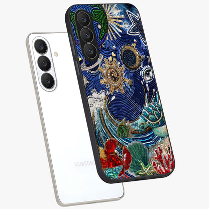 Universe Underwater Spark Glass Case displayed in angled mockup highlighting glowing aquatic design with celestial aesthetic.